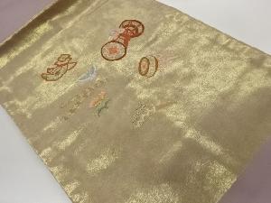 蘇州・汕頭刺繍引箔和楽器に蝶・花々模様名古屋帯